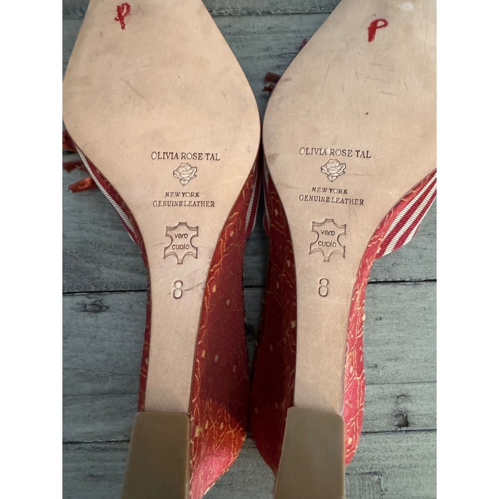 Olivia Rose Tal New York Striped Ribbon Pom Pom Wedge Mules Red White Womens 8 - Picture 4 of 4